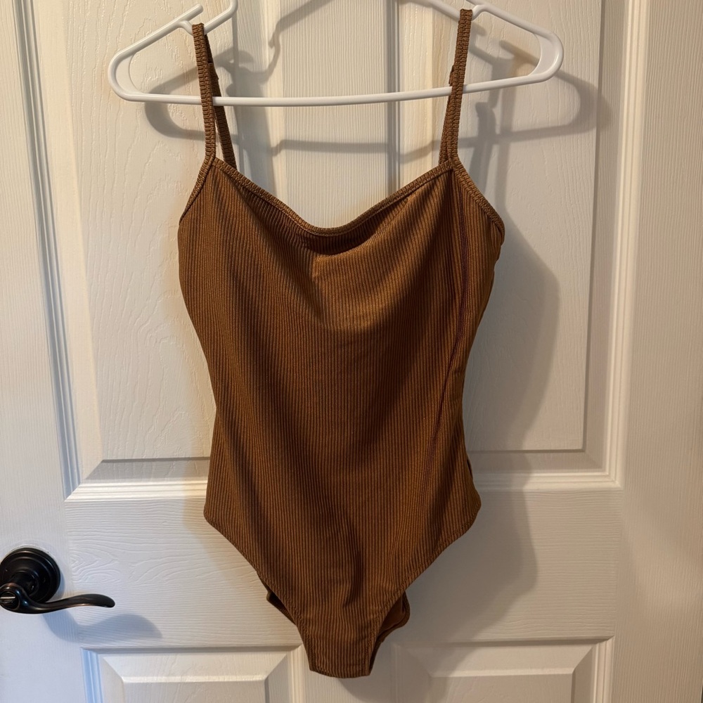 Aerie Brown Ribbed One Piece Swimsuit with Textured Sheen and Scoop Neck Back S‎
